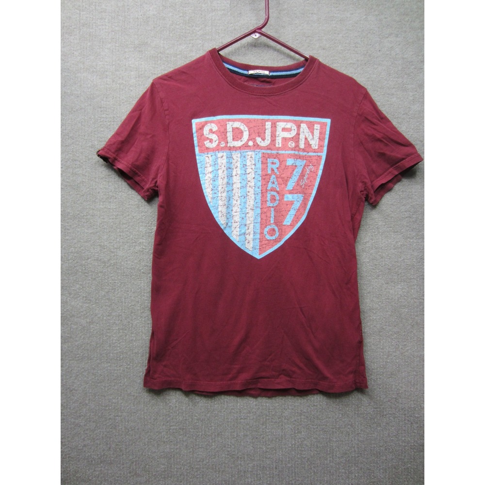 Superdry Mens Tin Tab Graphic T-Shirt Burgundy Red S.D.JPN Radio 77 Shield Logo
